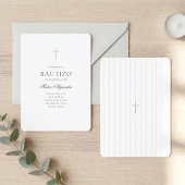 Invitation Croix dorée élégante Baptême d'un garçon espagnol