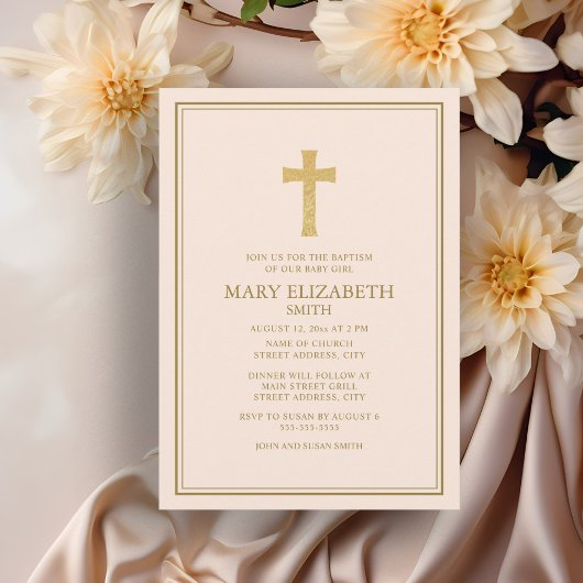 Invitation Croix dorée élégante Baptême fille bébé rose