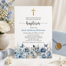 Croix dorée élégante Baptême floral bleu
