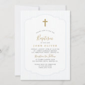 Invitation Croix dorée élégante baptême garçon bleu (Devant)