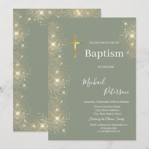 Invitation Croix dorée élégante baptême paillettes vert sauge