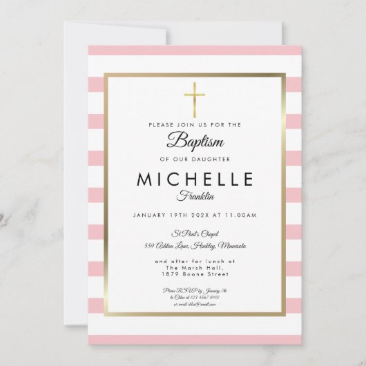 Invitation Croix dorée élégante Baptême rayure rose (Devant)