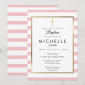 Invitation Croix dorée élégante Baptême rayure rose (Devant / Derrière)