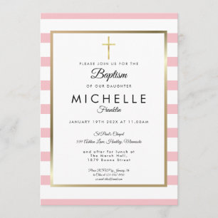 Invitation Croix dorée élégante Baptême rayure rose