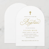 Invitation Croix dorée élégante Calligraphie script Baptême (Devant / Derrière)