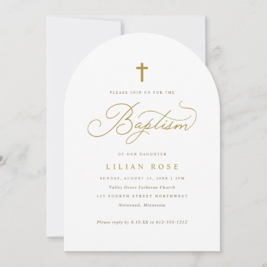 Invitation Croix dorée élégante Calligraphie script Baptême (Devant)