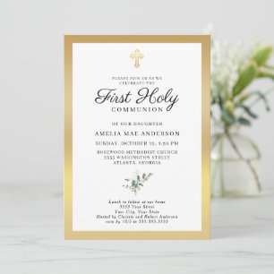 Invitation Croix dorée élégante de verdure Première Sainte Co