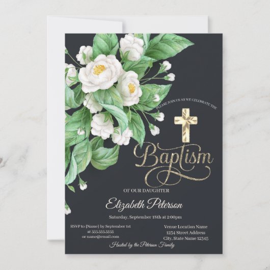 Invitation Croix dorée élégante Fleurs blanches Baptême (Devant)