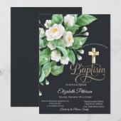 Invitation Croix dorée élégante Fleurs blanches Baptême (Devant / Derrière)