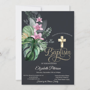 Invitation Croix dorée élégante Fleurs tropicales Baptême som