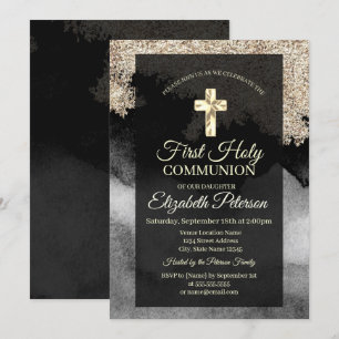 Invitation Croix dorée élégante Première Sainte Communion 