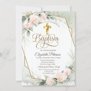 Invitation Croix dorée élégante Roses roses Baptême