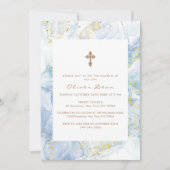 Invitation Croix dorée en agate bleue élégante pour baptême d (Devant)