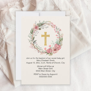 Invitation Croix dorée fille rose florale baptême religieux 