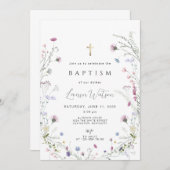 Invitation Croix dorée Fleur des champs Baptême (Devant / Derrière)
