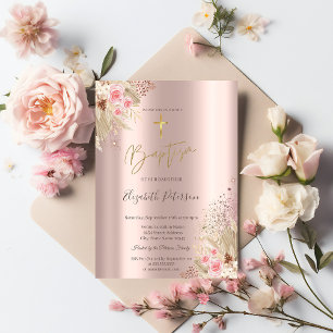 Invitation Croix dorée Fleurs d'herbe des Pampas Baptême Rose