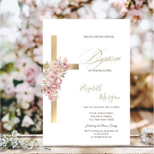 Invitation Croix dorée Fleurs roses Baptême Confettis paillet