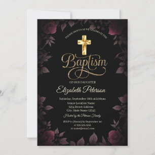 Invitation Croix dorée Fleurs roses Burgundy foncé Baptême