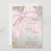 Invitation Croix dorée Fleurs roses Ruban Baptême Paillettes  (Devant)