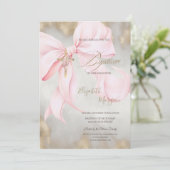 Invitation Croix dorée Fleurs roses Ruban Baptême Paillettes  (Debout devant)
