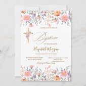 Invitation Croix dorée Fleurs sauvages Baptême rose (Devant)