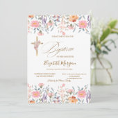 Invitation Croix dorée Fleurs sauvages Baptême rose (Debout devant)