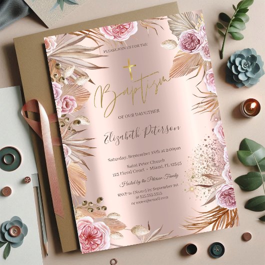 Invitation Croix dorée Herbe des Pampas Fleurs Boho Baptême