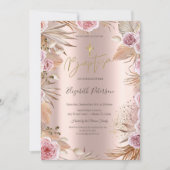 Invitation Croix dorée Herbe des Pampas Fleurs Boho Baptême (Devant)