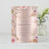 Invitation Croix dorée Herbe des Pampas Fleurs Boho Baptême (Debout devant)
