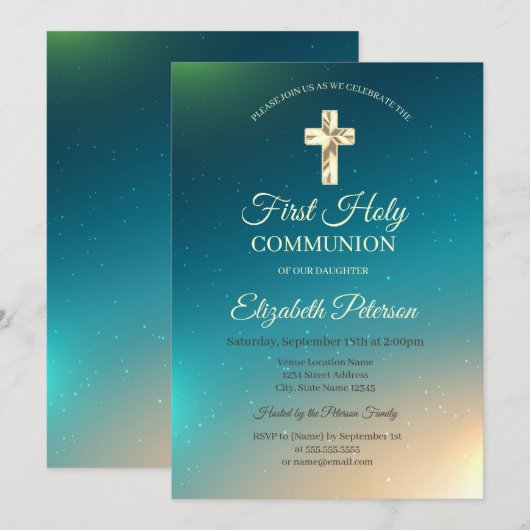 Invitation Croix dorée ombrée Première communion (Devant / Derrière)