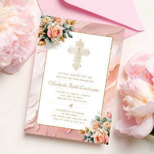 Invitation Croix dorée ornée Baptême fille floral rose pêche