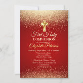 Invitation Croix dorée points rouges Première Sainte Communio (Devant)