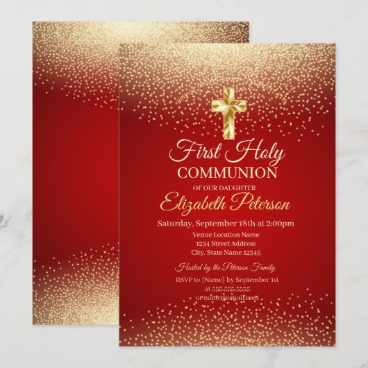 Invitation Croix dorée points rouges Première Sainte Communio (Devant / Derrière)