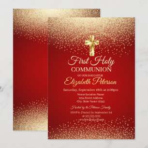Invitation Croix dorée points rouges Première Sainte Communio