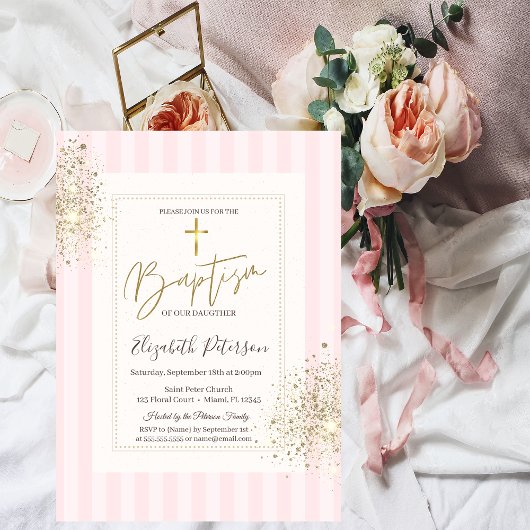 Invitation Croix dorée poussière de diamant rayures roses bap