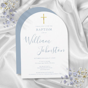 Invitation Croix dorée Poussiéreux Baptême Bleu Arche Christe