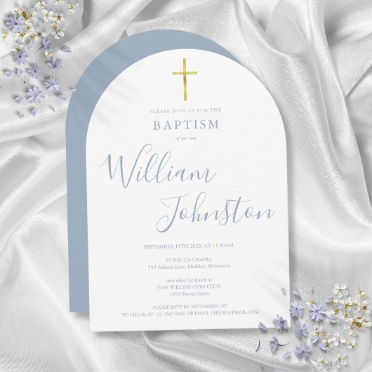 Invitation Croix dorée Poussiéreux Baptême Bleu Arche Christe