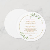 Invitation Croix dorée Première communion Feuilles botaniques (Devant / Derrière)