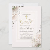 Invitation Croix dorée Roses Blush Baptême (Devant)