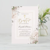 Invitation Croix dorée Roses Blush Baptême (Debout devant)