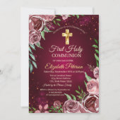 Invitation Croix dorée Roses de Bourgogne Première communion (Devant)