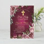 Invitation Croix dorée Roses de Bourgogne Première communion (Debout devant)