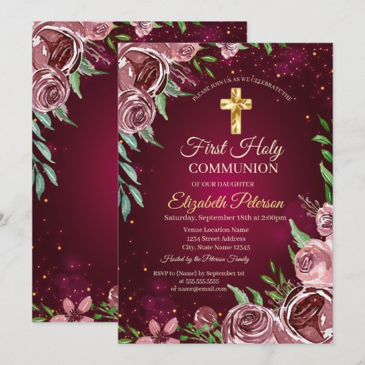 Invitation Croix dorée Roses de Bourgogne Première communion (Devant / Derrière)