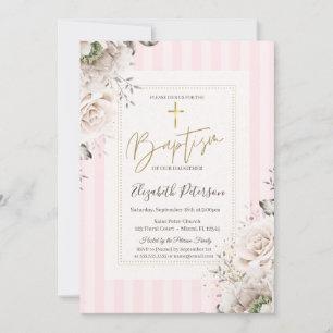Invitation Croix dorée Roses Rayées Rose Baptême