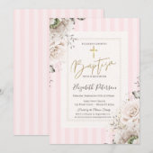Invitation Croix dorée Roses Rayées Rose Baptême (Devant / Derrière)