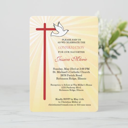 Invitation Croix Dove Arrondi Gold Rays Fille Confirmation (Debout devant)