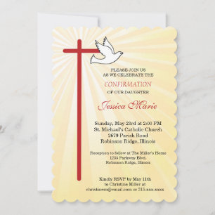 Invitation Croix Dove Scallop Gold Rays Fille Confirmation