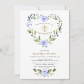 Invitation Croix du cadre du coeur bleu floral Confirmation d (Devant)