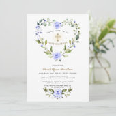Invitation Croix du cadre du coeur bleu floral Confirmation d (Debout devant)