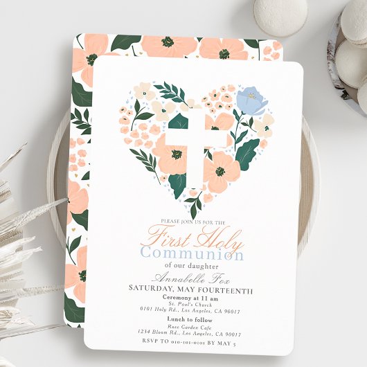 Invitation Croix du Coeur rose Fille première communion saint